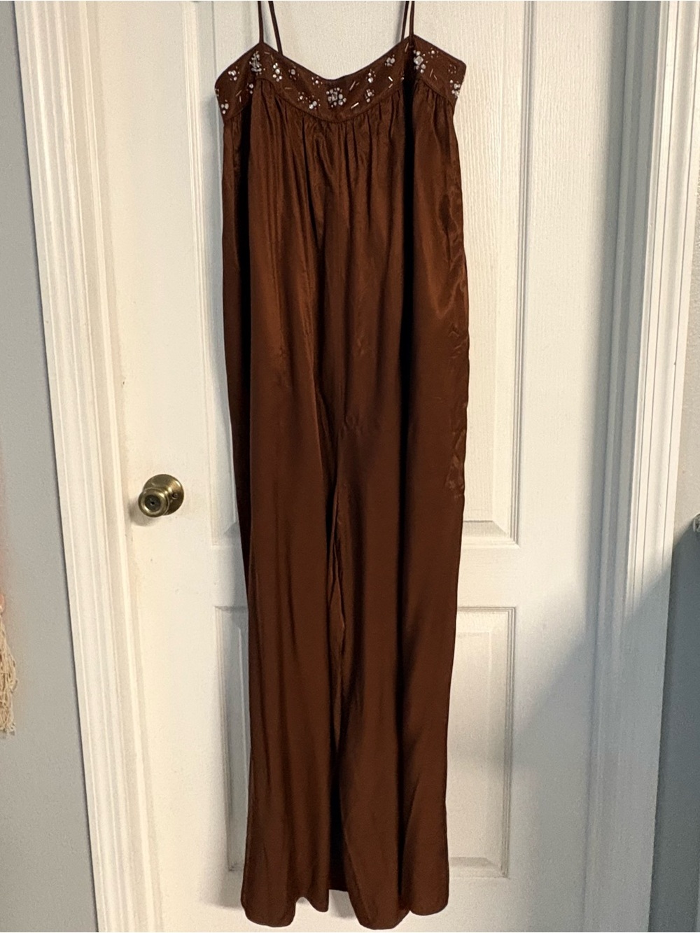 Maeve Chocolate Brown Satin Wide-Leg Jumpsuit with Embroidered Yoke